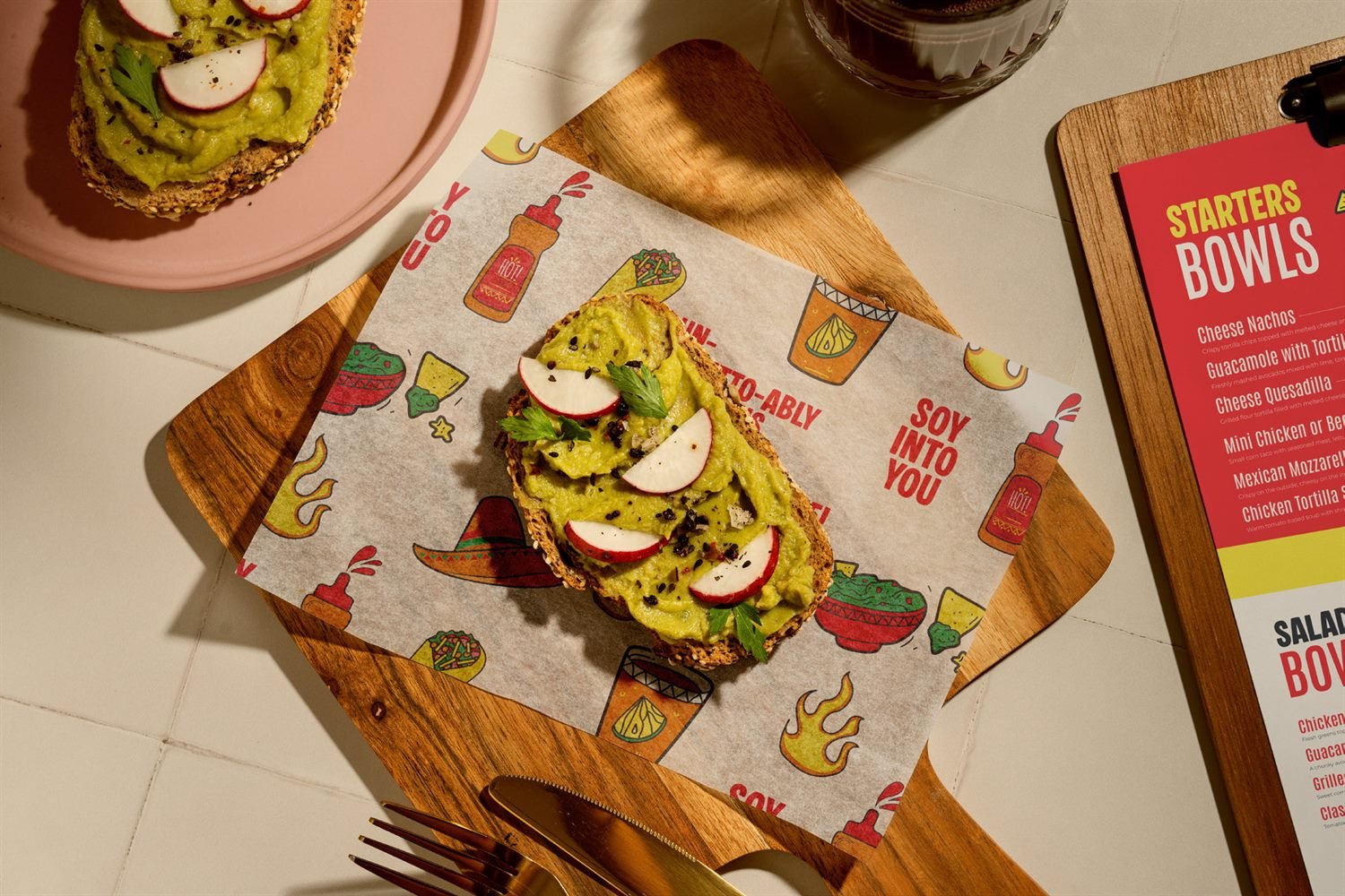 Food served on Luna Loco branded wrap